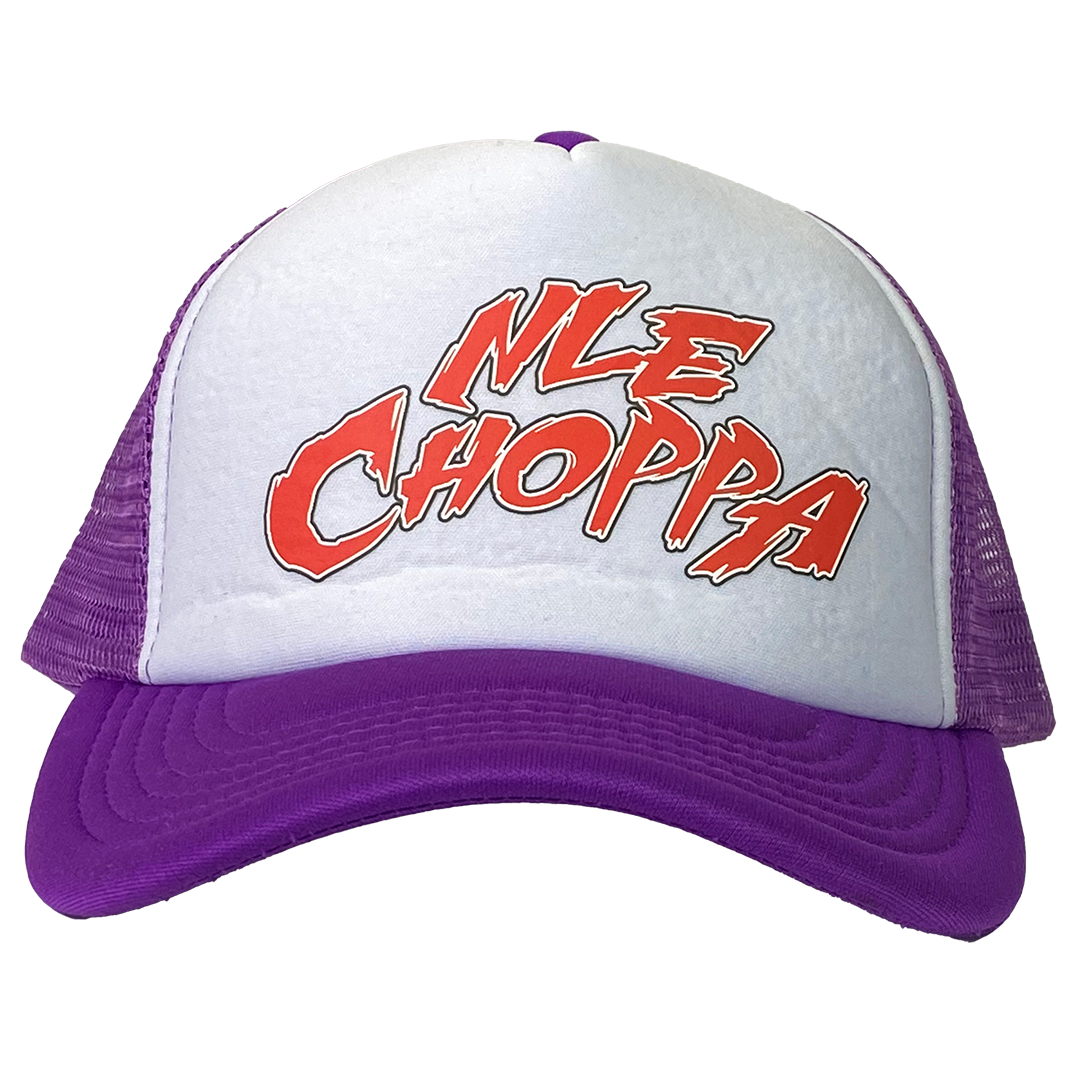 NLE Choppa "Logo" Trucker Hat in Purple & White