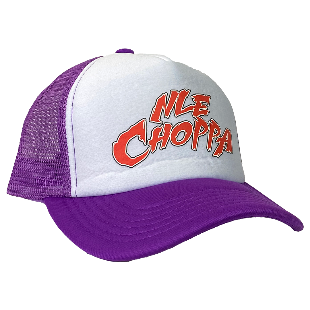 NLE Choppa "Logo" Trucker Hat in Purple & White